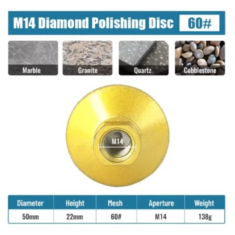 M14 Diamond Brazed Flat Grinding Head 2 inch 50mm Abrasive Polishing Pad Marble Quartz Granite Cobblestone Grind Sharp Tool 1pc